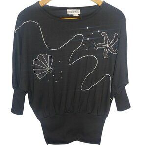 Vintage 80s Peter Popovich Womens M Shirt Long Slv Black Silver Bead Sea Shell